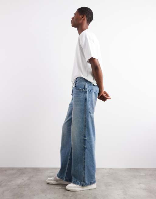 ASOS DESIGN super baggy fit jeans with embroidered back pockets in light wash blue