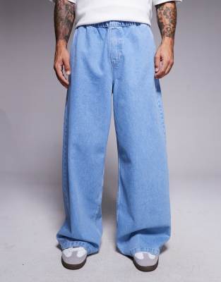 Asos Design Super Baggy Jeans With Elastic Waistband & Internal Drawstring In Blue