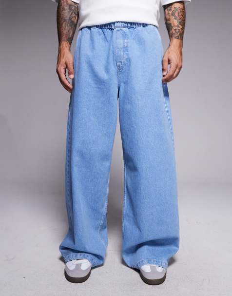 ASOS DESIGN super baggy jeans with elastic waistband & internal drawstring in light wash - view 1