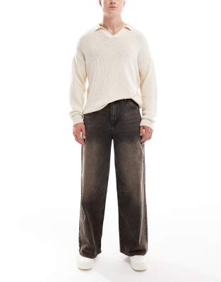 Asos Design Super Baggy Jeans With Embroidery In Washed Brown-black