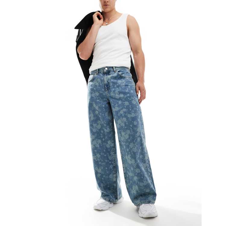 ASOS DESIGN super baggy jeans with floral design in washed blue | ASOS