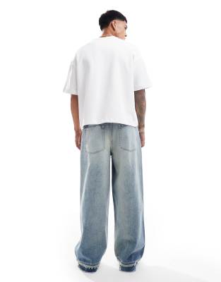 Asos Design Super Baggy Jeans With Frayed Hems In Blue