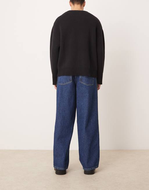 ASOS DESIGN super baggy jeans with khaki side stripe in mid wash blue, 2 of 5