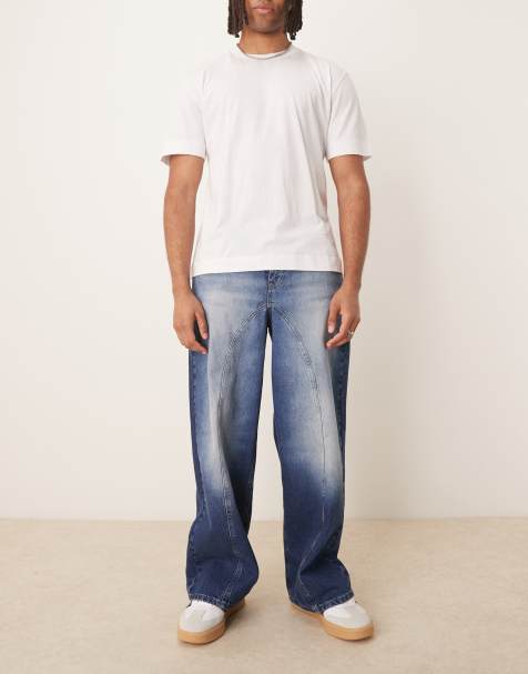 ASOS DESIGN super baggy jeans with piping seam detail in dark wash blue - view 1