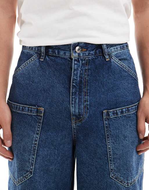 ASOS DESIGN super baggy jeans with side pocket details in dark wash blue, 4 of 5