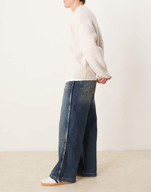 ASOS DESIGN super baggy jeans with side seam detail in dark wash blue