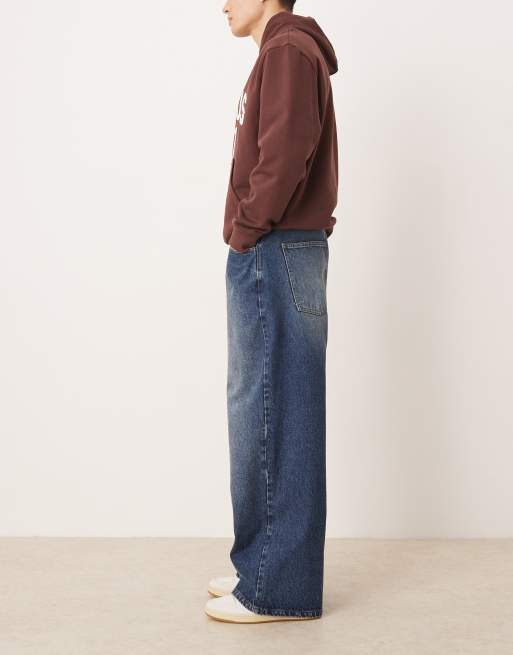 ASOS DESIGN super baggy jeans with tie waistband in mid wash blue, 3 of 5