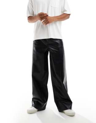 Asos Design Baggy Leather Look Pants In Black In Black