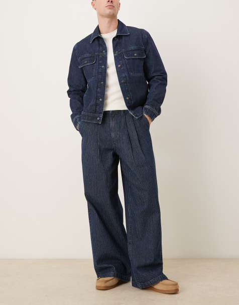 ASOS DESIGN super baggy pinstripe jeans in dark wash blue with pleats - view 1
