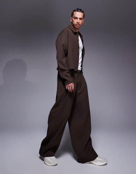 ASOS DESIGN super baggy plisse pants with elasticated waist in brown (part of a set) - view 1