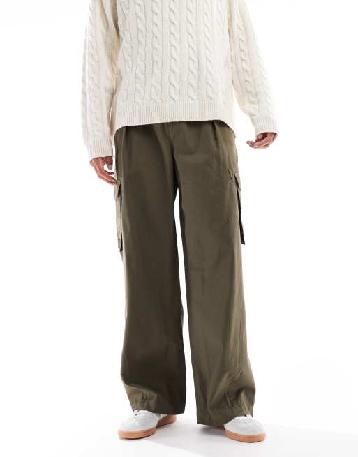 ASOS DESIGN super baggy pull on cargo pants in khaki with pleats