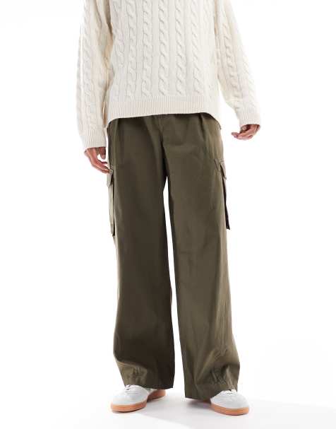 ASOS DESIGN loose pull on cargo trousers in khaki with pleats