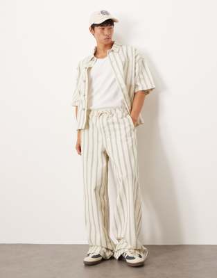 ASOS DESIGN super baggy pull-on pants in cream with blue stripe - part of a set - view 1