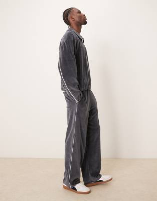 Asos Design Super Baggy Sweatpants With Piping In Gray Velour - Part Of A Set-blue