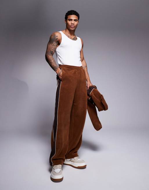 ASOS DESIGN super baggy trackies with panels in brown fleece (part of a set)