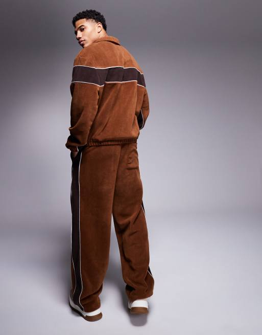 ASOS DESIGN super baggy trackies with panels in brown fleece (part of a set)