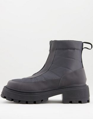 ASOS DESIGN super chunky padded square toe chelsea boot with zip detail in grey nylon