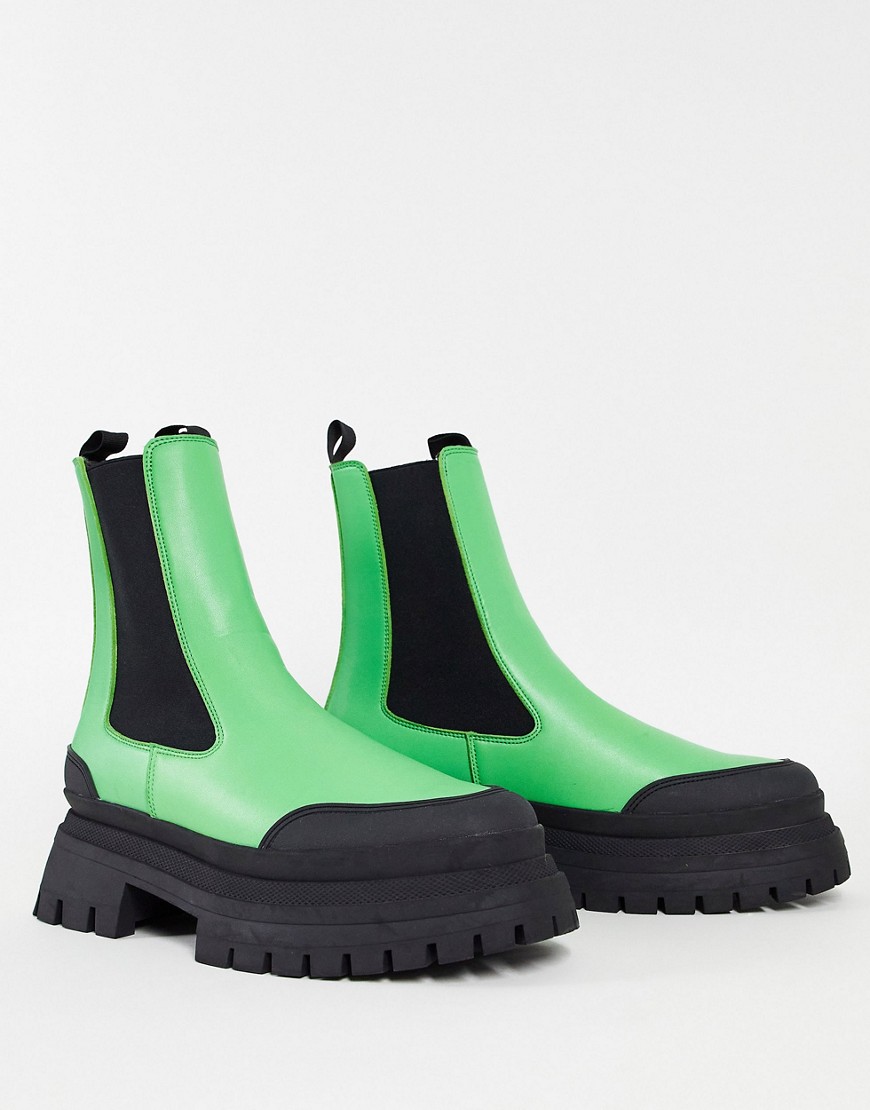 ASOS DESIGN super chunky sole Chelsea boot with rubber toe cap in green faux leather