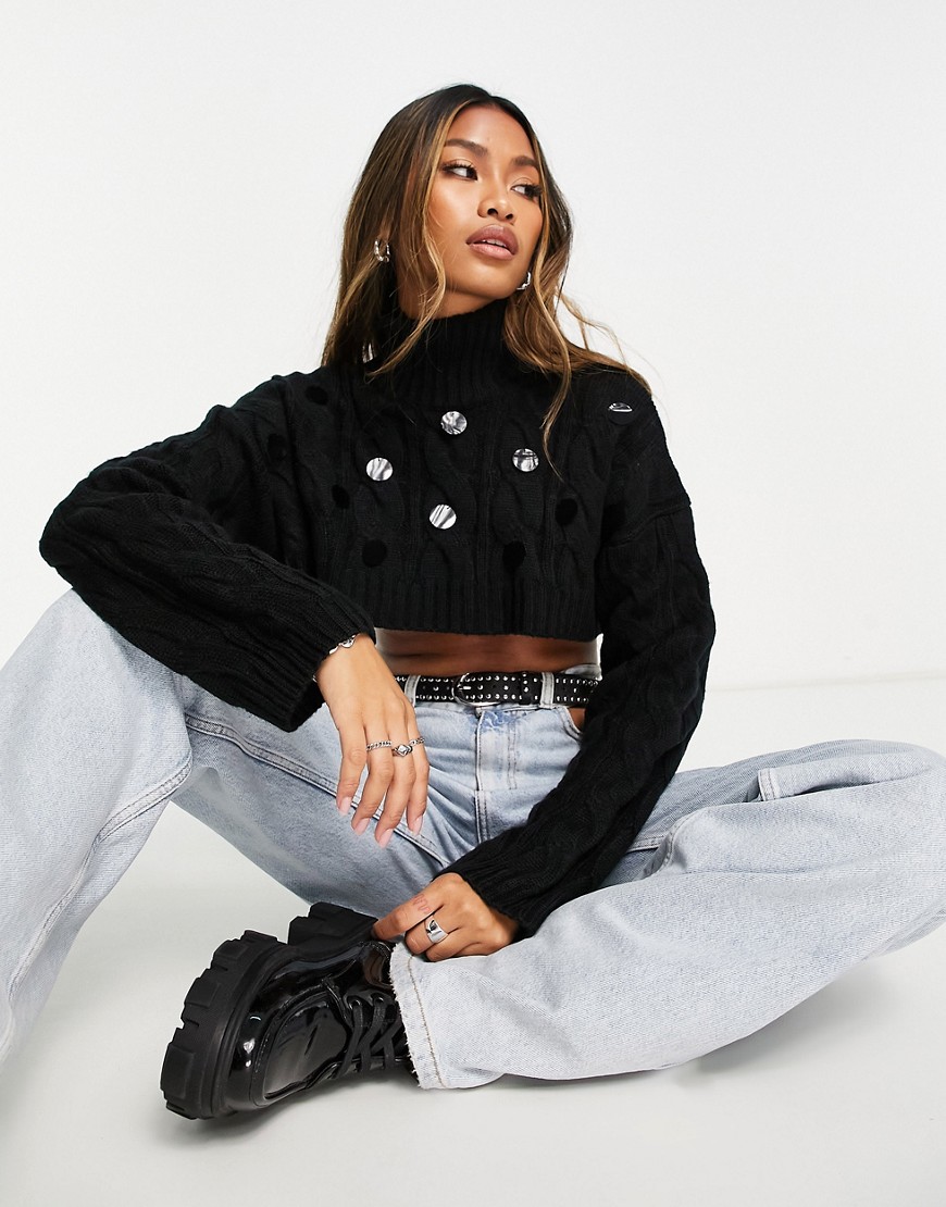 ASOS DESIGN super crop cable sweater with high neck and large sequins in black