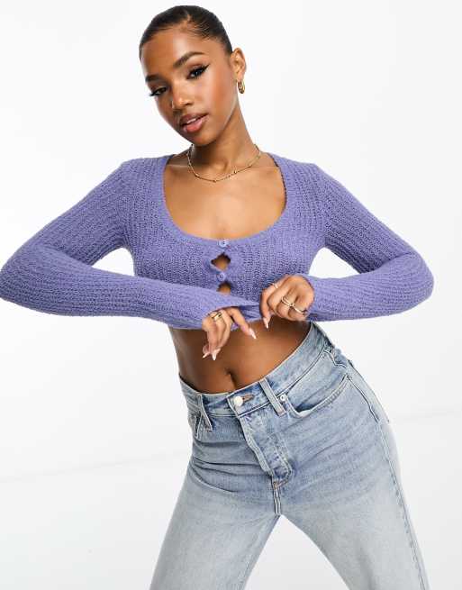 ASOS DESIGN super crop cardigan in fluffy yarn in blue