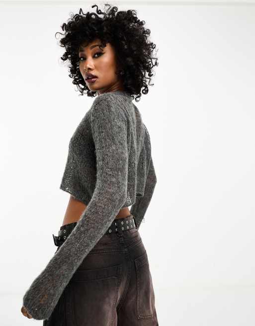 ASOS DESIGN super crop cardigan in sheer yarn in gray, 4 of 4