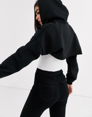 Women Black Curved Cut front Super Crop Hoodie Drop Shoulder Street Style  Crop Hooded Sweatshirt