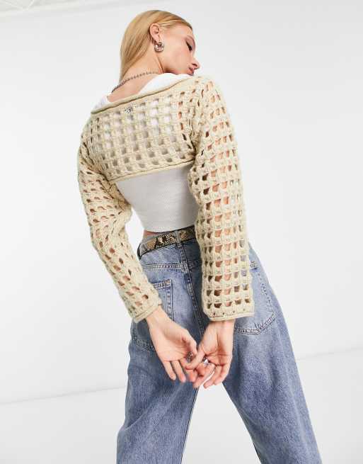 ASOS DESIGN super crop jumper in open stitch in cream, 2 of 4