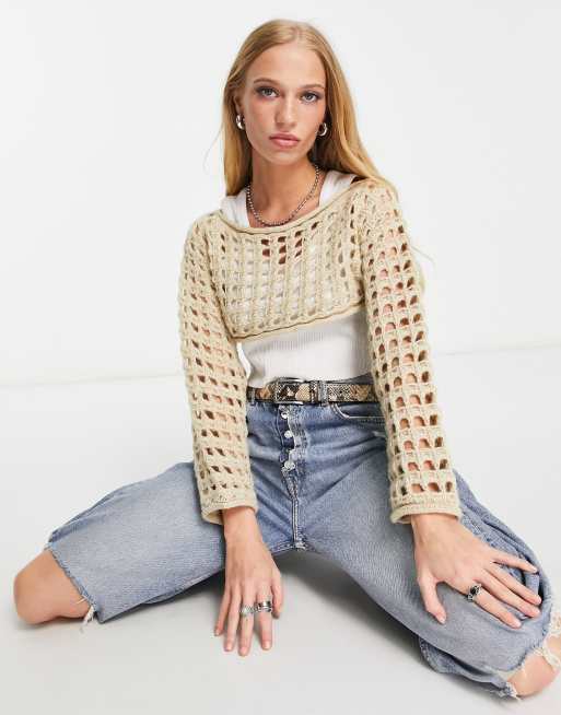 ASOS DESIGN super crop jumper in open stitch in cream