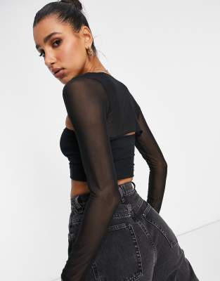 ASOS Super Crop Mesh Top in Black