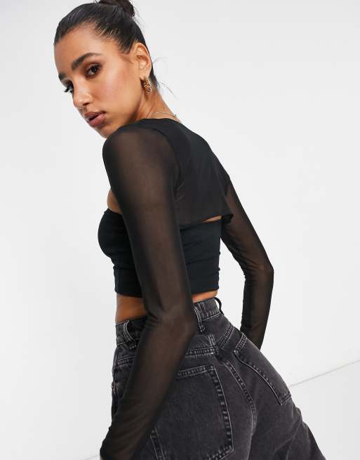 ASOS DESIGN super crop long sleeve mesh shrug in black