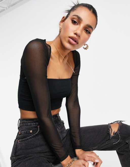 ASOS DESIGN super crop long sleeve mesh shrug in black