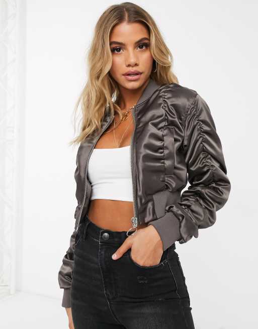 Slogan Back Cropped Satin Bomber Jacket