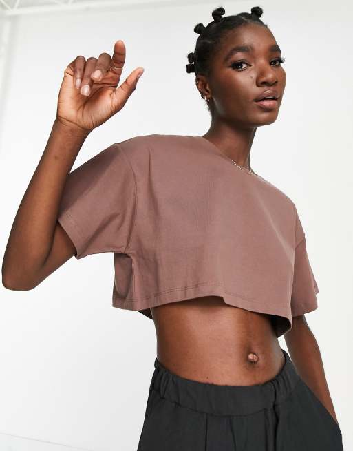 ASOS DESIGN cropped t-shirt with wide neck and cap sleeve in brown