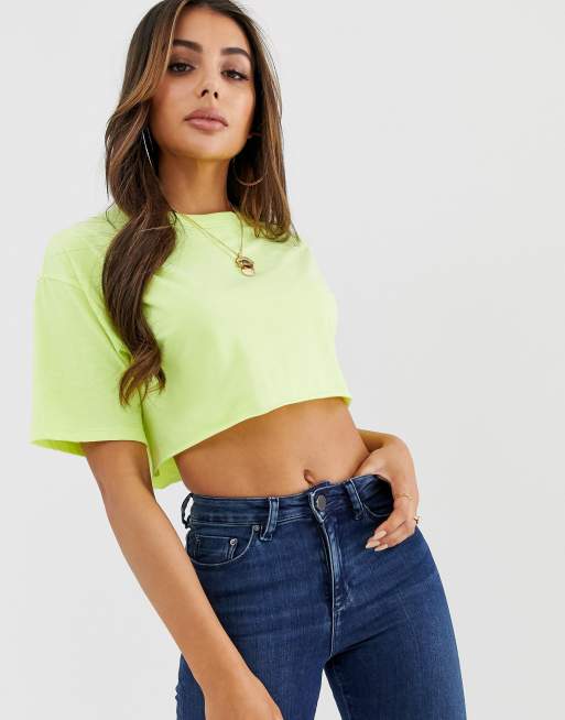 ASOS DESIGN super crop t-shirt with raw edge in neon yellow | ASOS