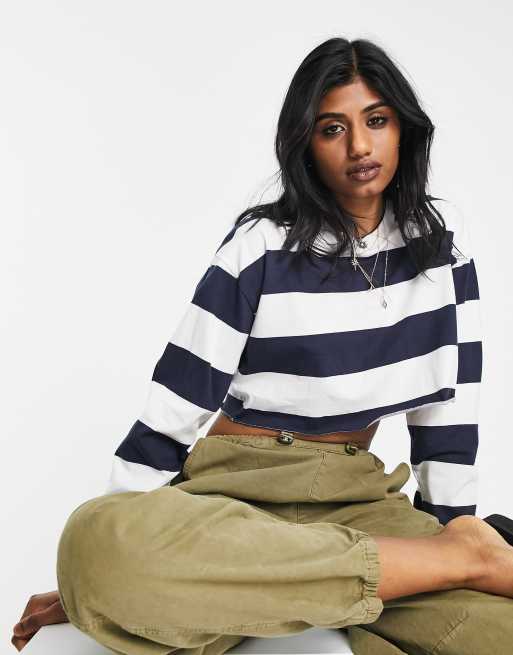 ASOS DESIGN super crop tee with long sleeve cuff detail and contrast stitch in white