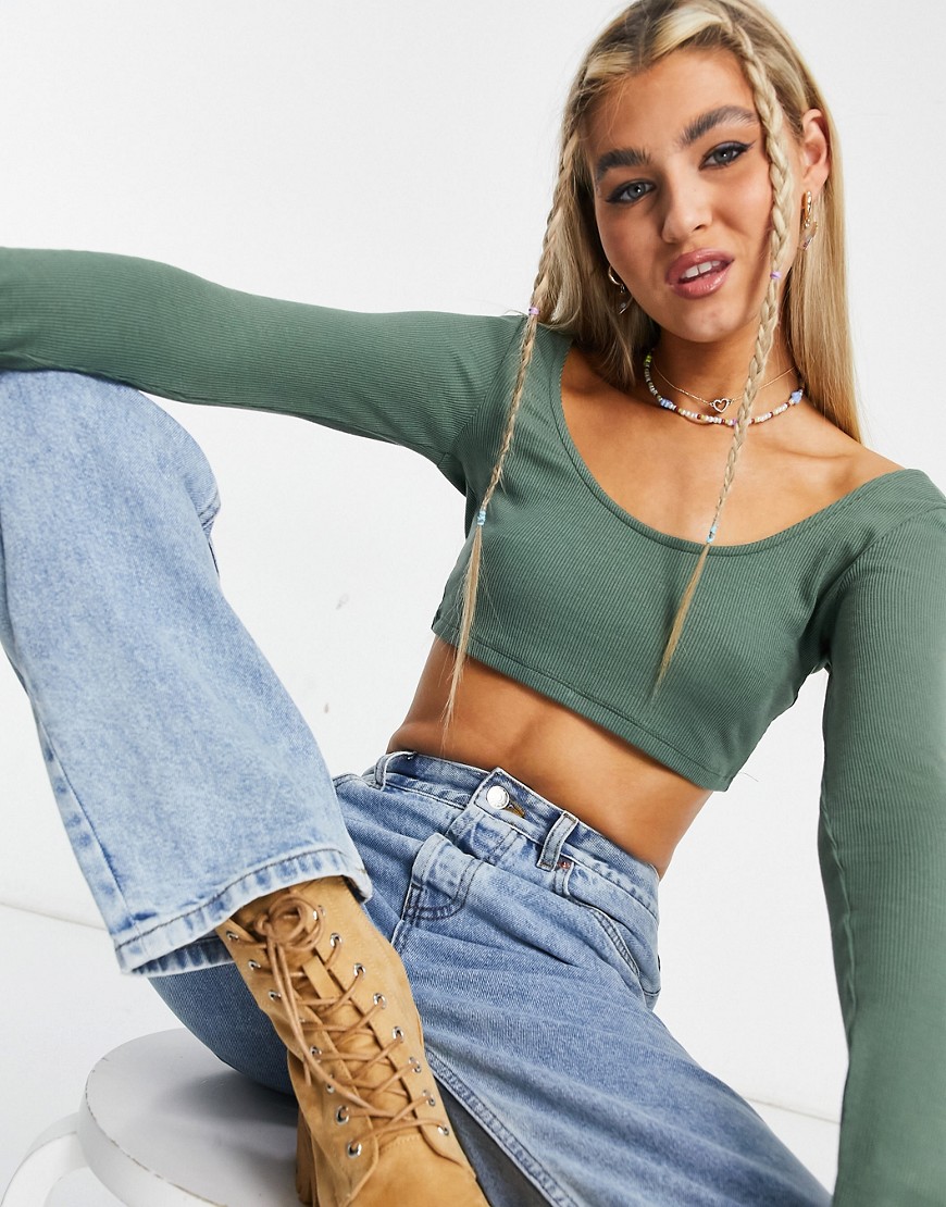 ASOS DESIGN super crop top with scoop front and back in khaki-Green
