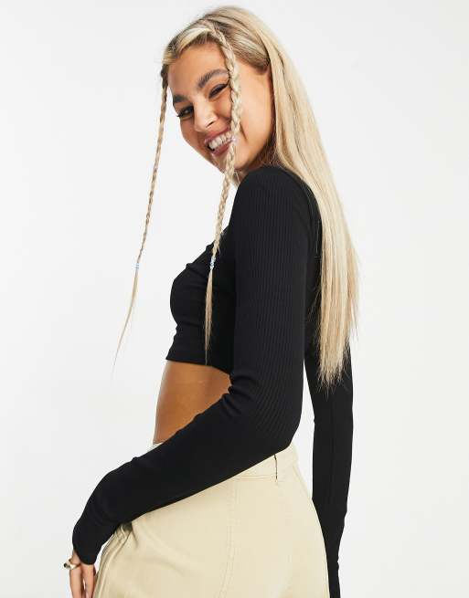 ASOS DESIGN super crop top with thumb hole in rib in black