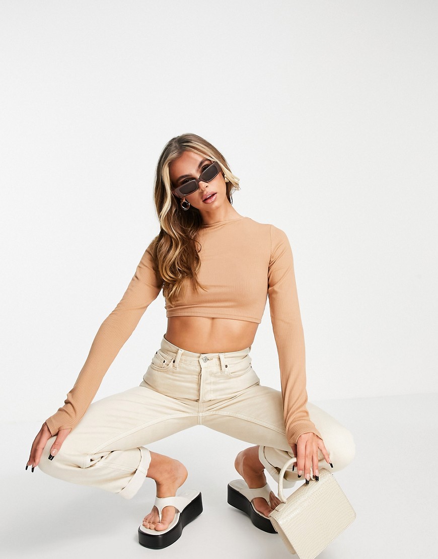 ASOS DESIGN super crop top with thumb hole in rib in brown