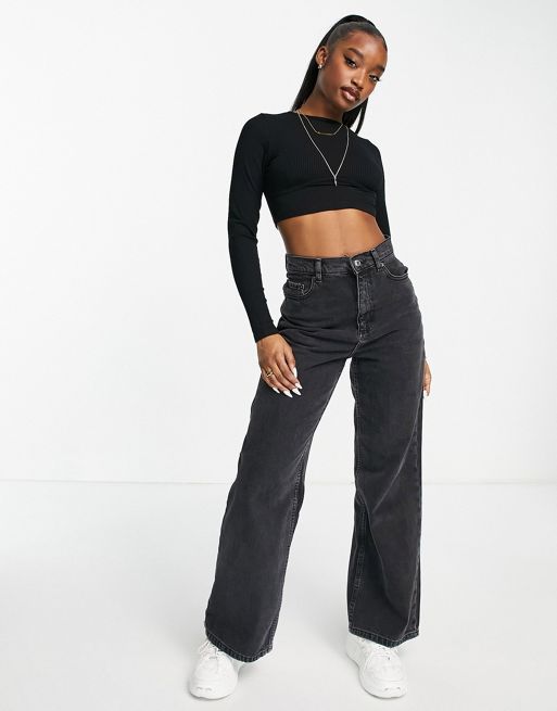 ASOS DESIGN super crop top with thumbhole and bust seam detail in black