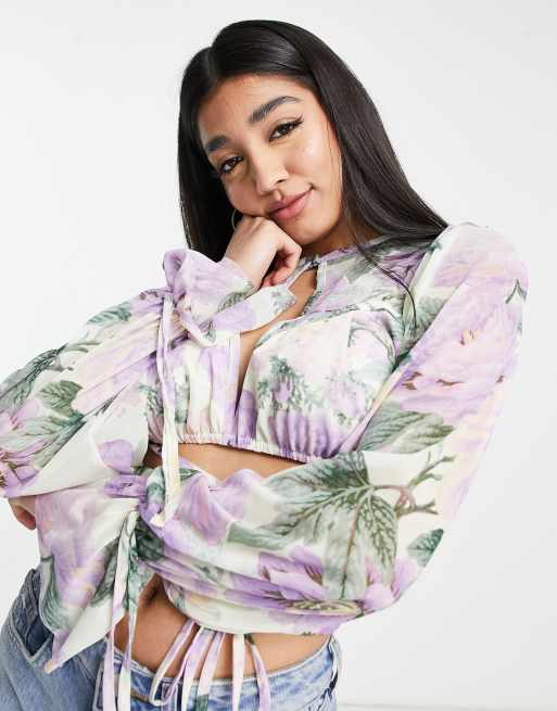 ASOS DESIGN super crop top wrap around waist in lilac floral