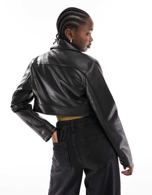 Black Faux Leather Super Cropped Belted Biker Jacket