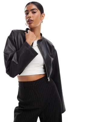 ASOS DESIGN super cropped leather look jacket in black-Schwarz