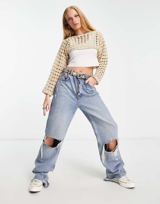 ASOS DESIGN - Super cropped, opengewerkte trui in crème, 3 van 4
