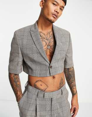 ASOS DESIGN super cropped short sleeved suit jacket in brown check