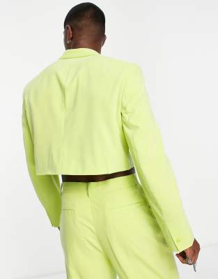 lime green dress jacket SHEIN Clasi Neon Lime Flounce Sleeve Double Breasted Belted Blazer Dress