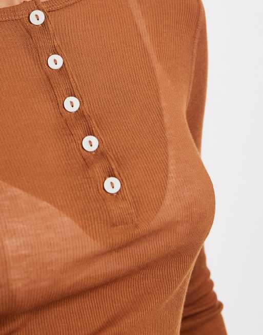 ASOS DESIGN - Super doorschijnende Henley top in bruin, 3 van 4
