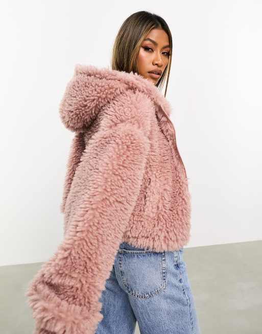 ASOS DESIGN super fluffy cropped hoodie in dusty pink