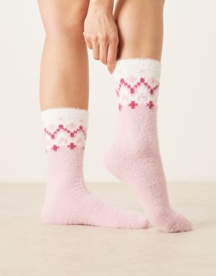 Asos Design Super Fluffy Fairisle Pattern Socks In Pink