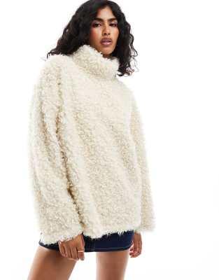 super fluffy highneck borg oversized sweatshirt in cream-White