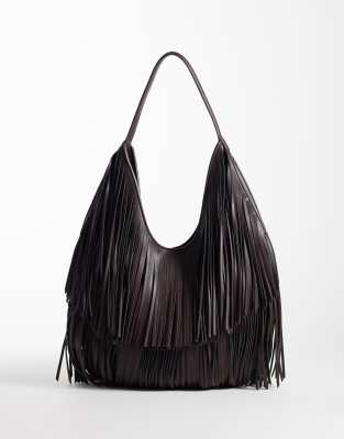 Asos Design Super Fringe Faux Suede Tote In Brown